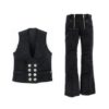 Black flared corduroy with two front zippers and black corduroy vest with eight white buttons