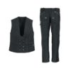 Black woman's guild pants with two front zippers and black vest with eight buttons