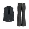 Guild black pants with two front zippers and black vest with eight black button