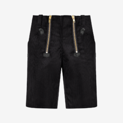 Black corduroy guild shorts with double gold zippers