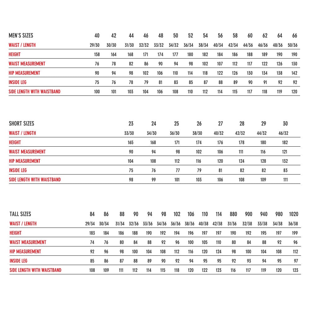 Men's Pants Sizes