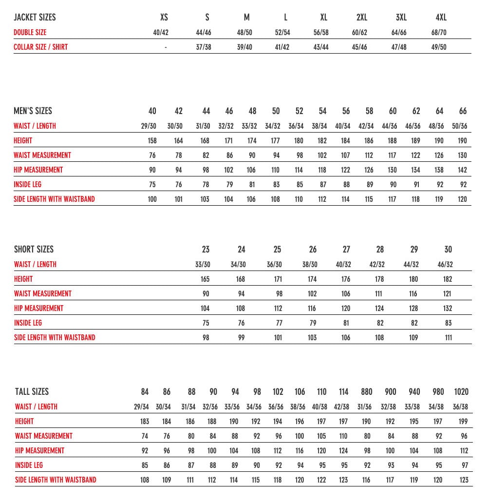 Men's Workwear Set Sizes