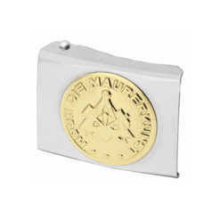 Silver belt buckle with gold symbol
