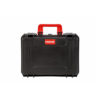 Black hard shell tool case with red handle