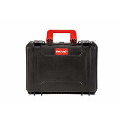 Black hard shell tool case with red handle