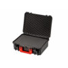 Open black hard shell tool case with red handles