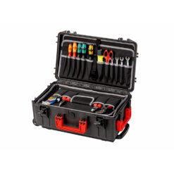 Open black hard shell tool case with red handles