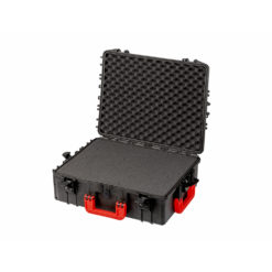 Open black hard shell tool case with red handle