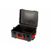 Open black tool case with red handle