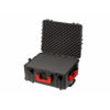 Open black hard shell tool case with red handles