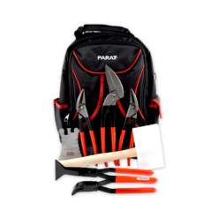 Steetz basic sheet metal kit with backpack, pelican snips, combination tin snips, seaming pliers, hammer and marking template