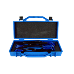 Kiesel seaming pliers set includes four seaming pliers with black pvc coated handles in a blue plastic case