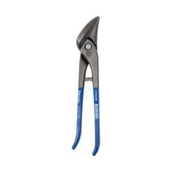 Freund combination tin snips, left, with blue lacquered handles