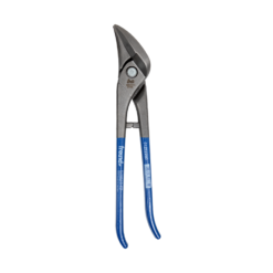 Freund combination tin snips, right, with blue lacquered handles