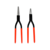 Stubai flat nose and long round nose plier set, with teeth, box joint, and red plastic handles.