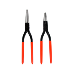 Stubai flat nose and long round nose plier set, with teeth, box joint, and red plastic handles.