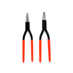 Stubai flat nose and short round nose plier set, with teeth, box joint, and red plastic handles.