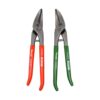 Freund curved circle tin snip set includes left circle tin snip with red plastic coated handle and right circle tin snip with green plastic coated handle