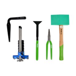 Steetz roll bend fold set including the MASC roll former pro-touch 200mm, Freund deep throat pliers, Freund round nose pliers, Freund wedge shape hammer, and Freund squeezing folding pliers