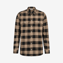 Brown and black plaid button-up flannel shirt